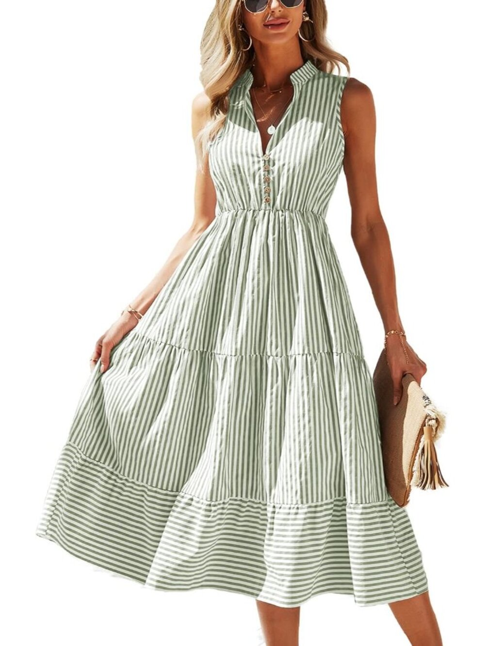Women's Green Summer Sleeveless Shirt Dress Collar Striped V Neck Casual Midi